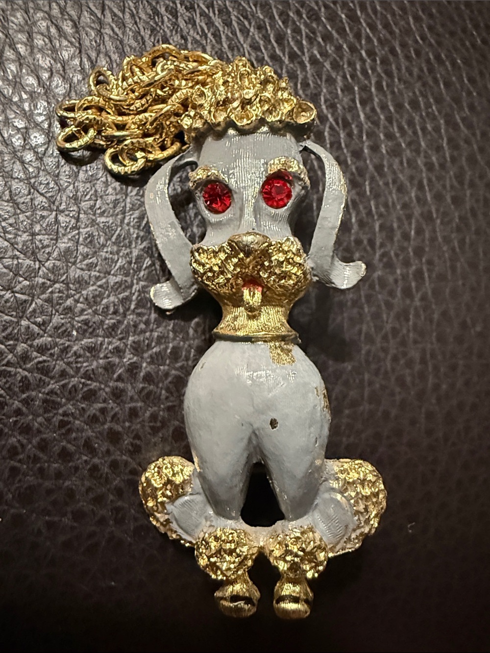 Signed Mamselle Vintage Gray  & Goldtone Enamel Sitting Poodle Dog w/Fringe